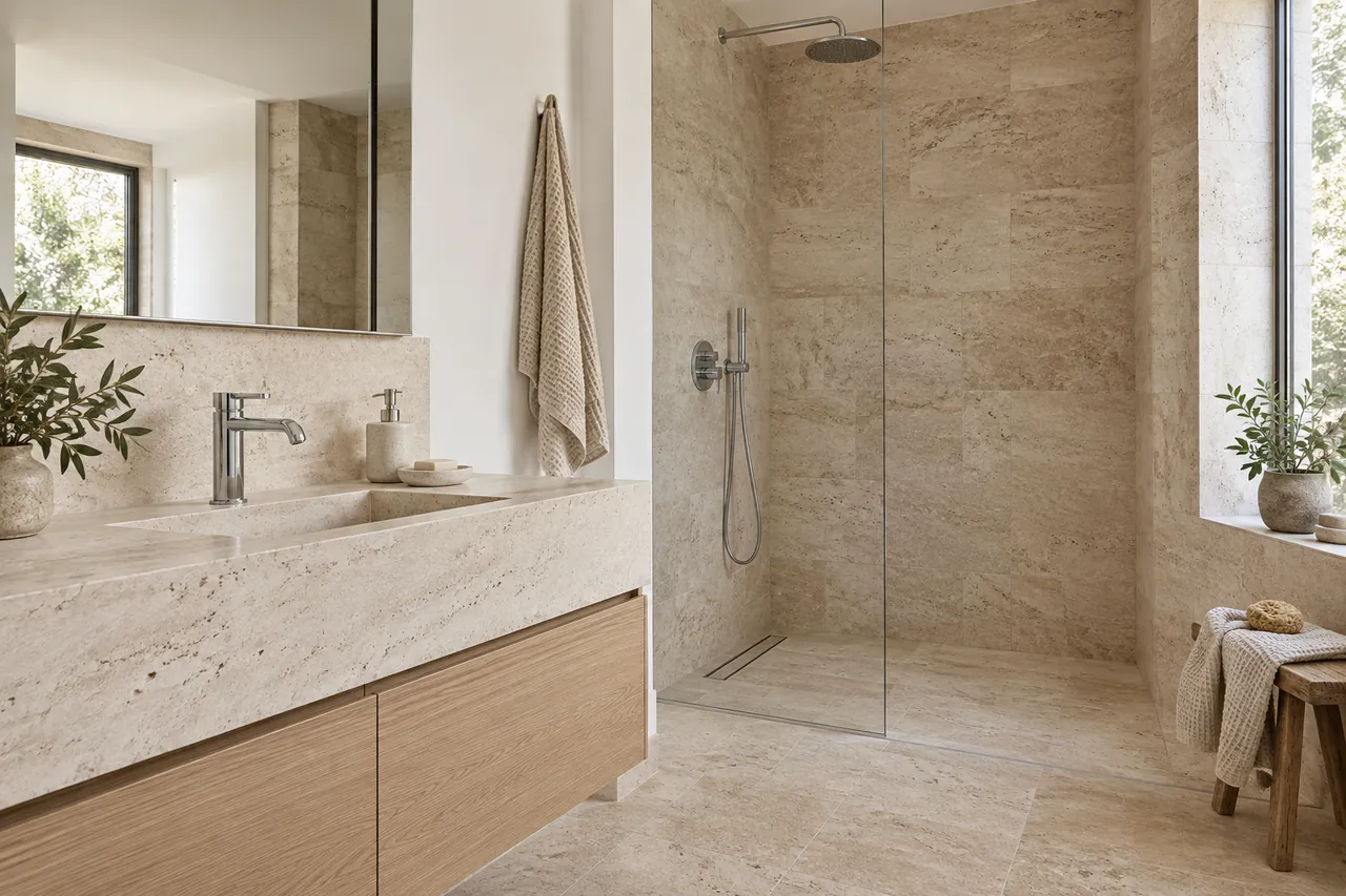 Salle de bain en travertin clair avec un meuble en bois, une douche vitrée et une robinetterie chrome.