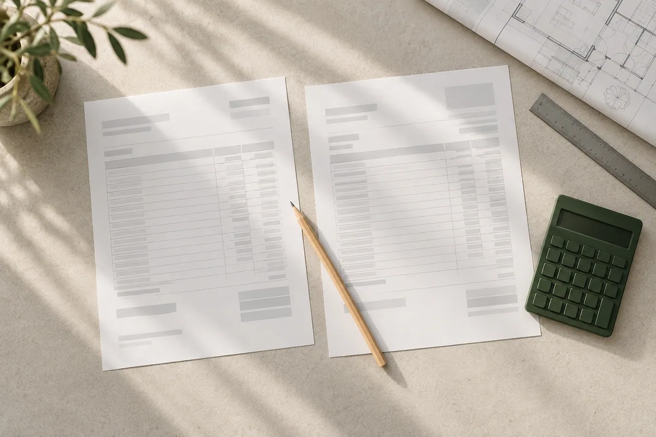 Deux documents côte à côte avec une calculatrice, un crayon et un plan