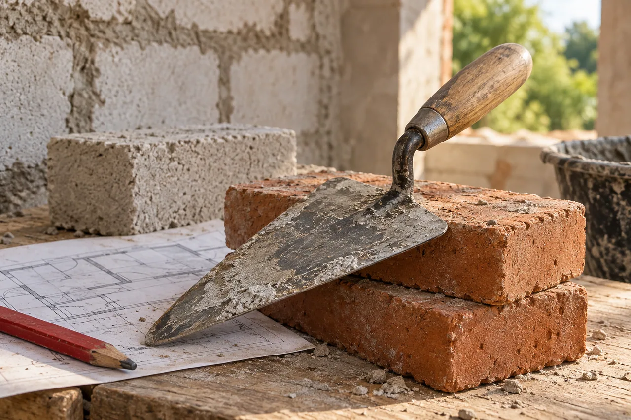 Truelle de maçon posée sur des briques à côté d’un plan de construction