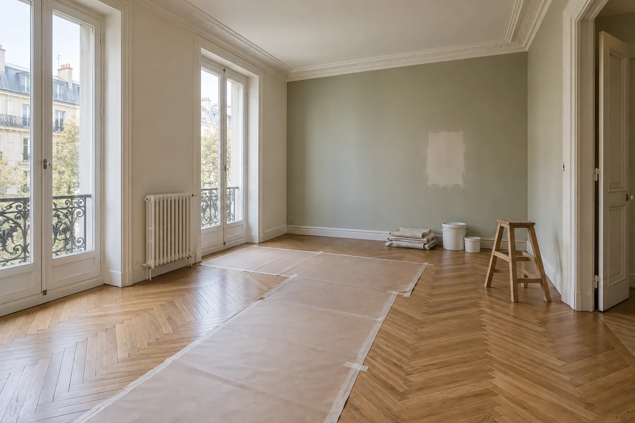 Pièce vide avec parquet protégé et matériel préparé pour la rénovation