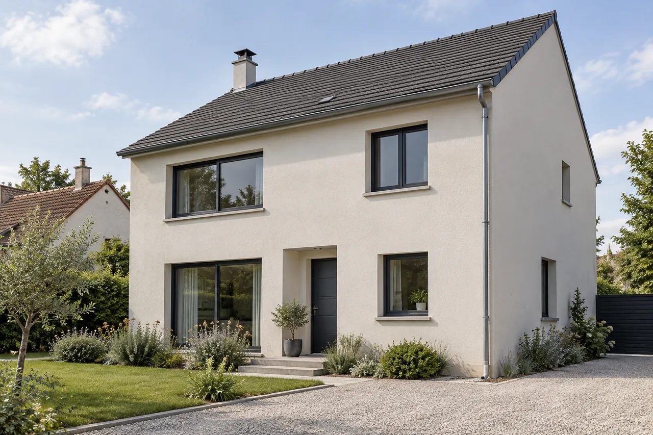 Maison française à la façade claire avec des menuiseries anthracite et un toit à deux pans.