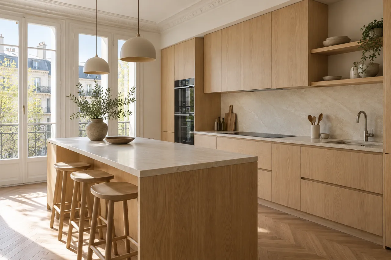 Cuisine lumineuse avec des meubles en chêne clair et un îlot central