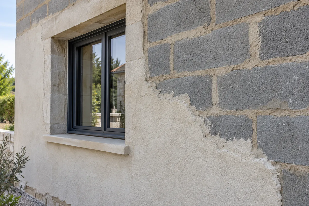 Détail de maçonnerie autour d’une ouverture avec blocs et enduit clair